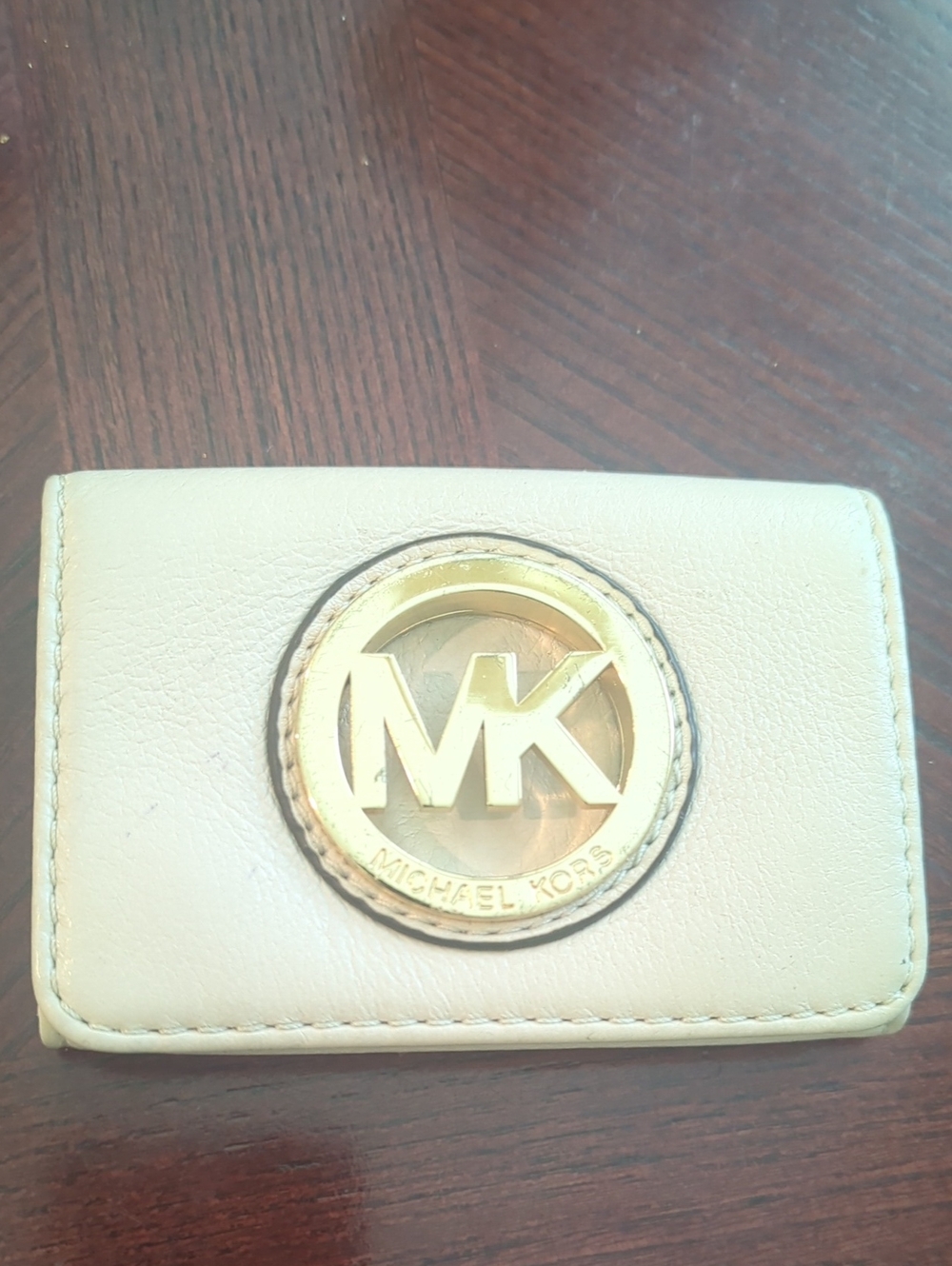 Michael Kors Cream Leather Card Case with Gold MK Emblem